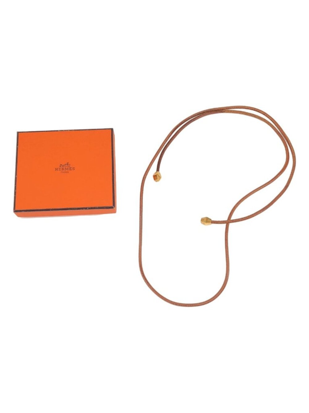 Hermes Lanille Leather Necklace Brown Gold
